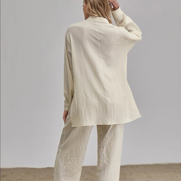 Shirt Pants 2 PC SET wide leg loose button collar spring summer womens cream - Picture 10 of 13